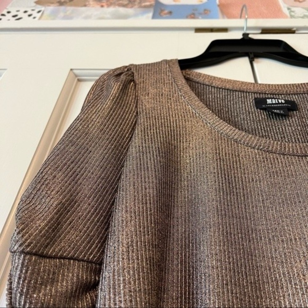 Anthropologie Metallic Bronze Ribbed Puff-Sleeve Top